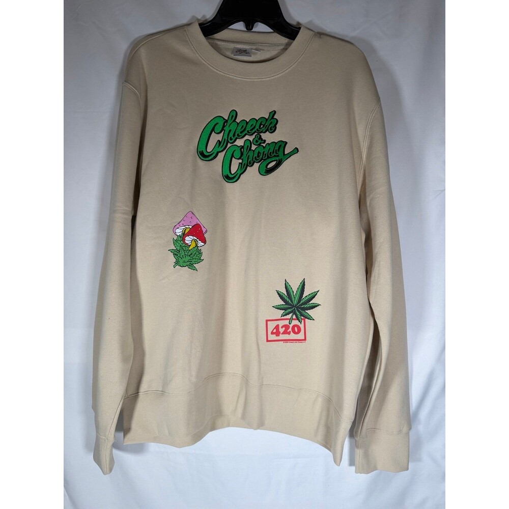 Cheech & Chong Beige Graphic Print Fleece Pullover Crew Neck Sweatshirt Large